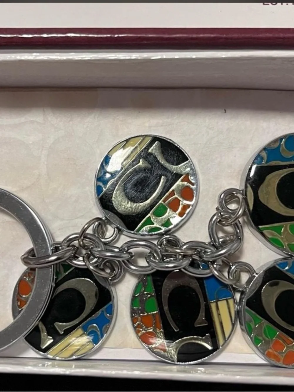 Coach Multicolor Enamel Disc Keyring with Silver Hardware